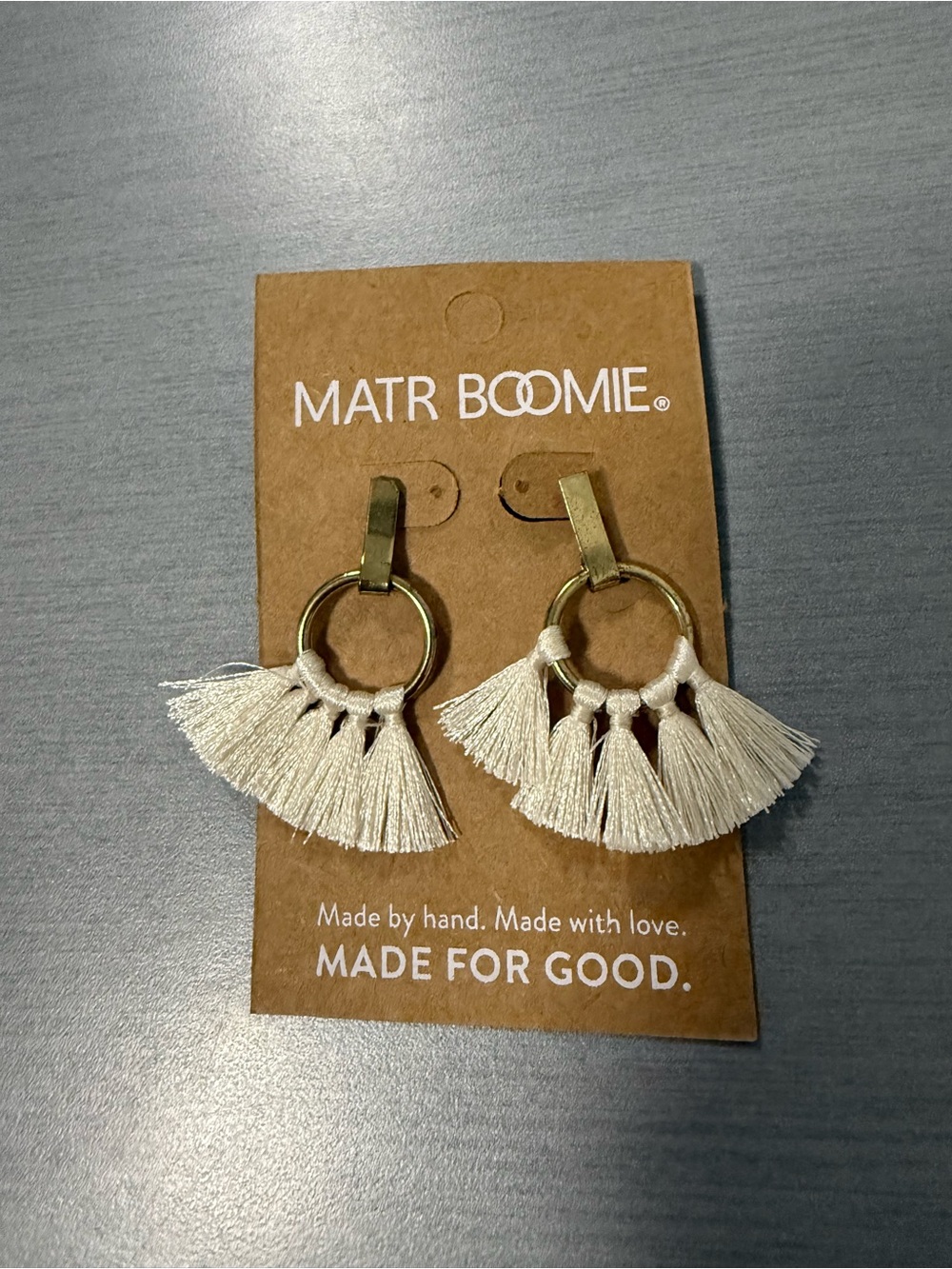 Matr Boomie White Tassel Hoop Earrings Fair Trade Made in India